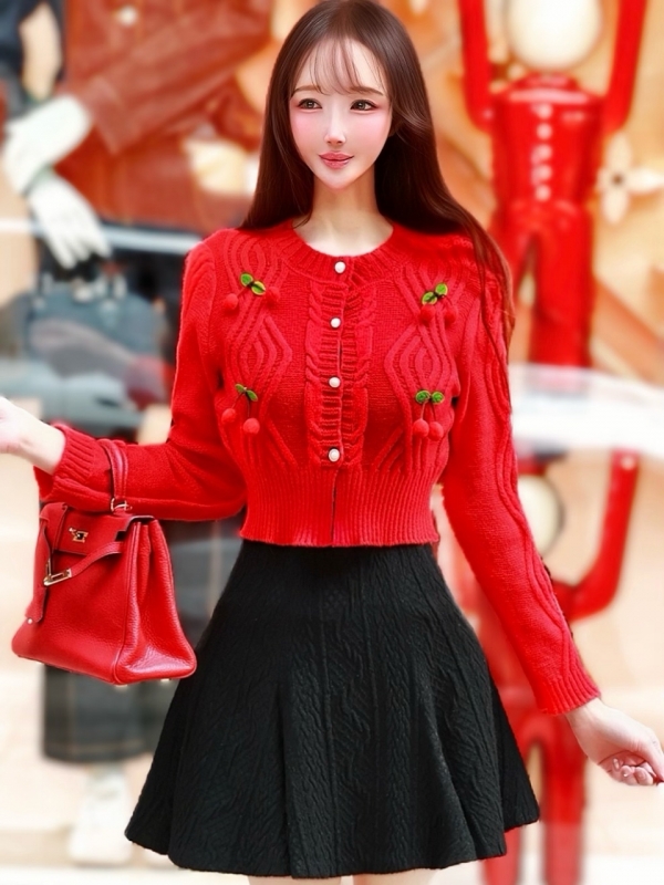 チェリーケーブルカーディガンRED