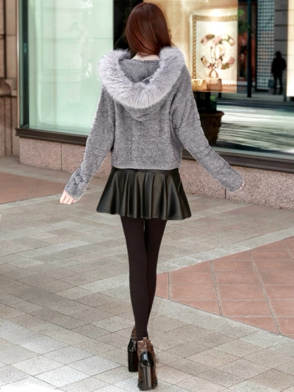 カナージュステッチファーフードニットアウターGRAY 商品イメージ4