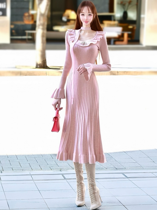 ジュエルリボンフリルワンピースPINKBEIGE