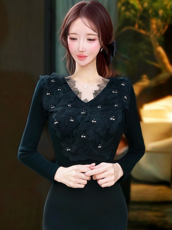 ビジューフラワーチュールレースニットBLACK