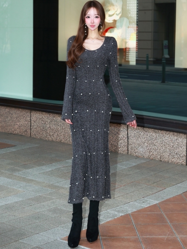 パールケーブルロングニットワンピースGRAY 商品イメージ1