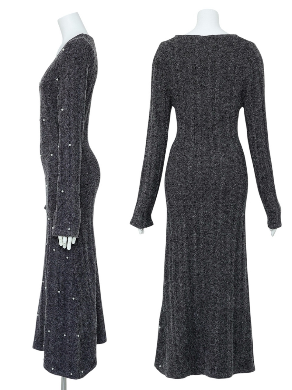 パールケーブルロングニットワンピースGRAY スタイリングイメージ2