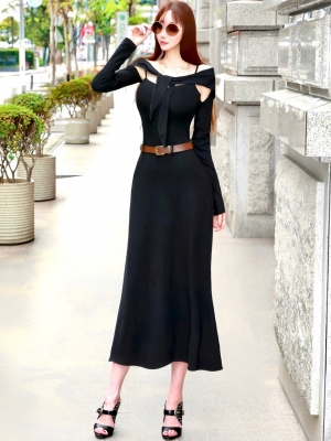 Evaベルト付パーカーワンピ3点セットBLACK