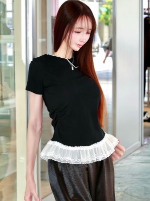 レースフリルシェイプTシャツBLACK