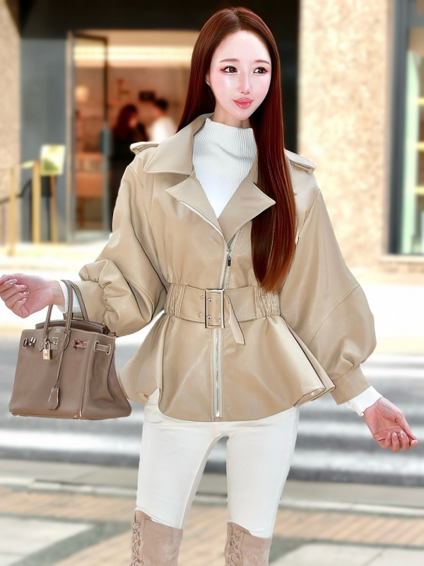 フェイクレザーペプラムジャケットBEIGE 商品イメージ2