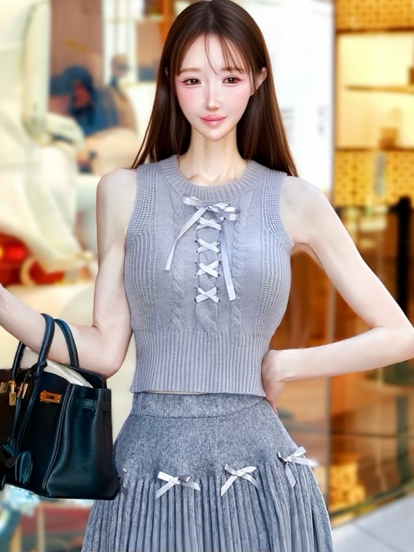 レースアップケーブルノースリニットGRAY 商品イメージ1