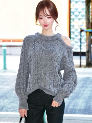 アシメオープンカットケーブルWOOLニットGRAY