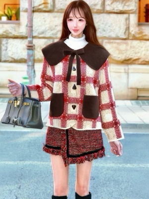 ビッグカラーリボンチェックブルゾンBORDEAUX