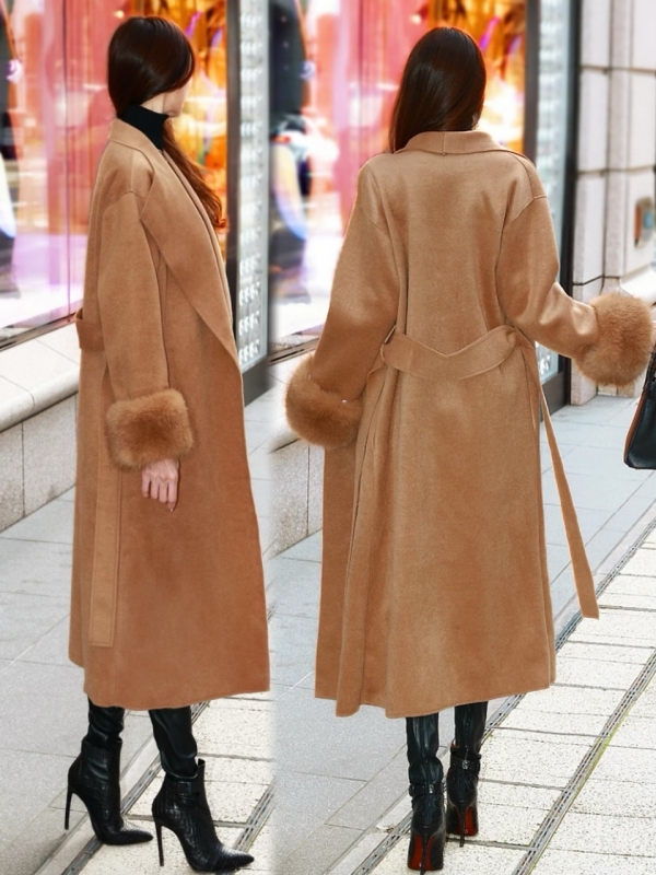 ☆再販予約31日23時迄☆袖ファーカシミア混ウール100%ロングコートCAMEL 商品イメージ6