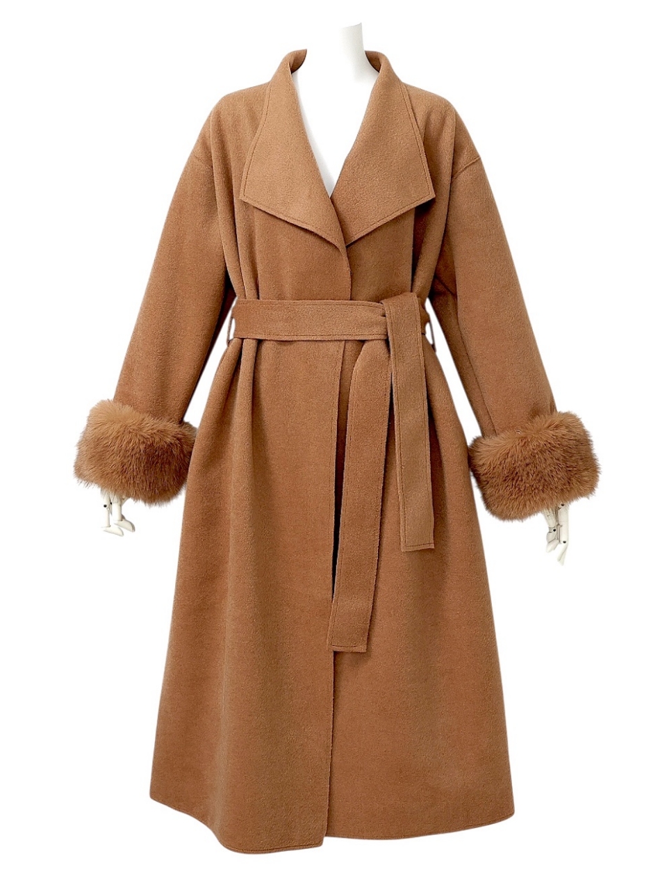 ☆再販予約31日23時迄☆袖ファーカシミア混ウール100%ロングコートCAMEL スタイリングイメージ1