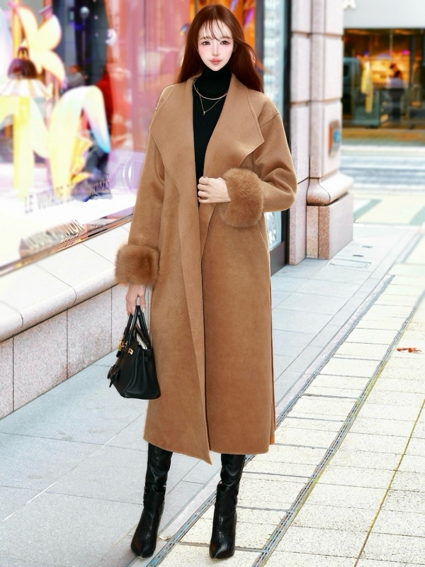 ☆再販予約31日23時迄☆袖ファーカシミア混ウール100%ロングコートCAMEL 商品イメージ2