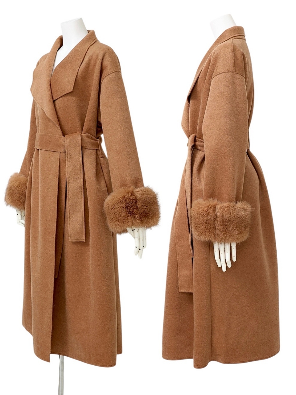 ☆再販予約31日23時迄☆袖ファーカシミア混ウール100%ロングコートCAMEL スタイリングイメージ3