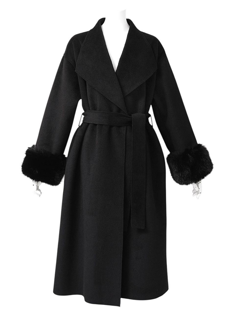 袖ファーカシミア混ウール100%ロングコートBLACK スタイリングイメージ1