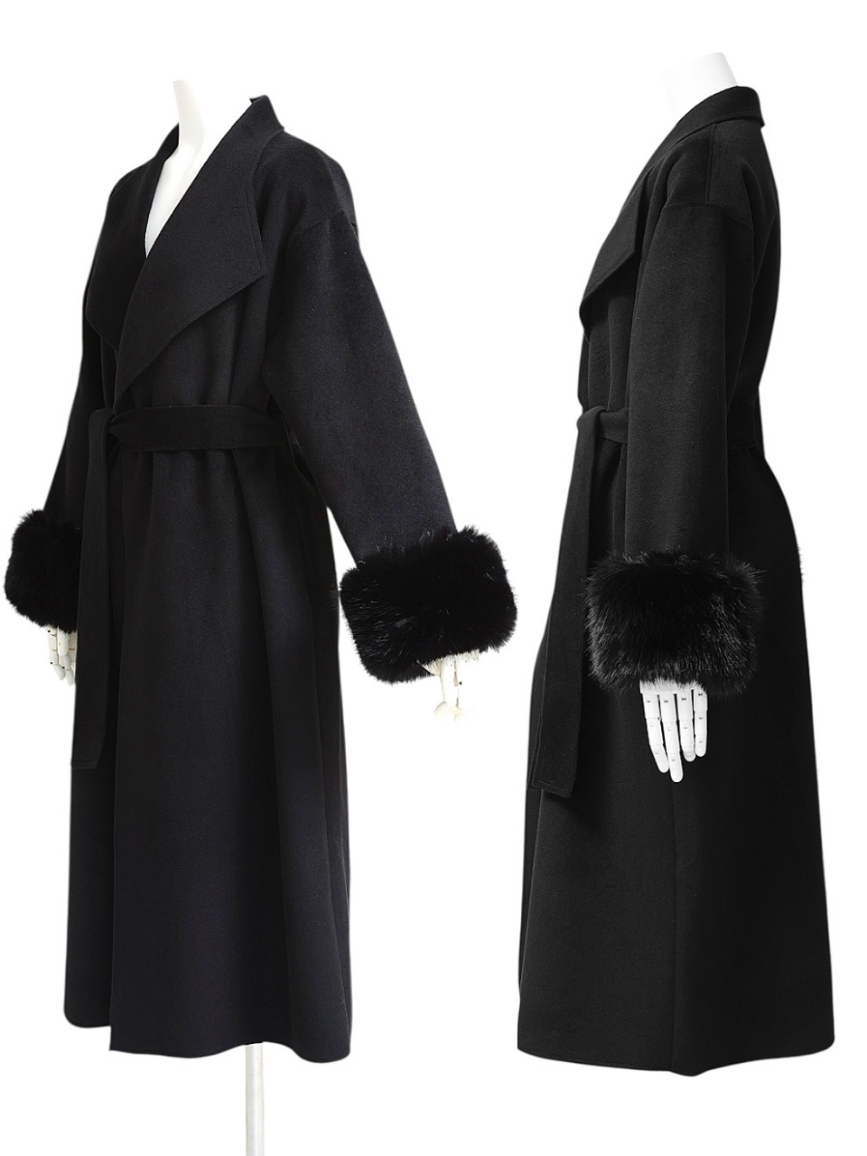 袖ファーカシミア混ウール100%ロングコートBLACK スタイリングイメージ3