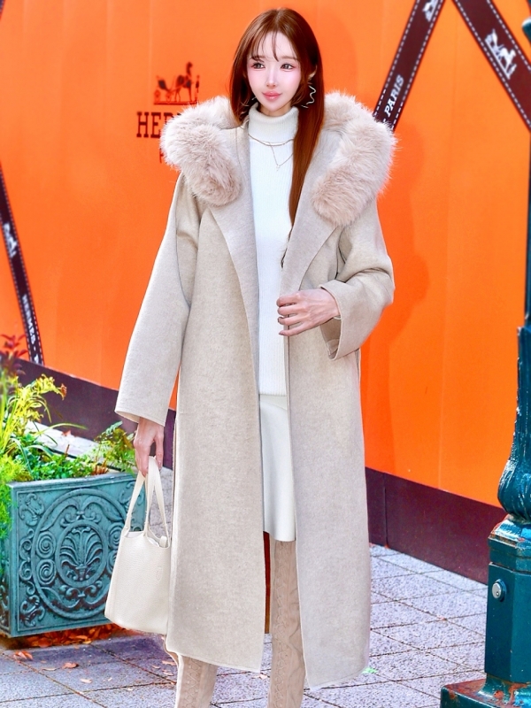 ☆再販予約31日23時迄☆襟ファーカシミア混ウール100%ロングコートSANDBEIGE 商品イメージ4