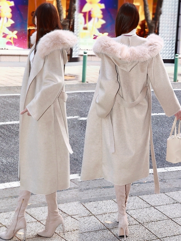 ☆再販予約31日23時迄☆襟ファーカシミア混ウール100%ロングコートSANDBEIGE 商品イメージ5