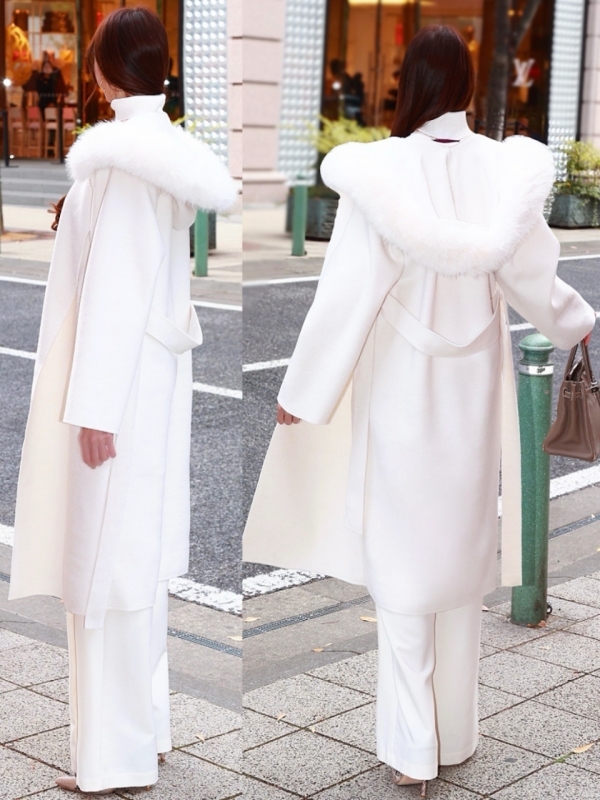 ☆再販予約31日23時迄☆襟ファーカシミア混ウール100%ロングコートWHITE 商品イメージ5