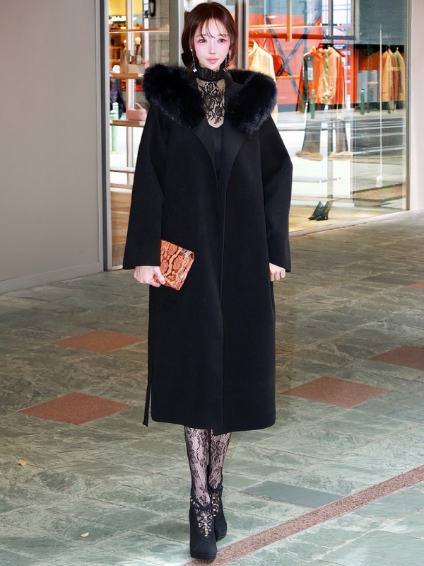 ☆再販予約31日23時迄☆襟ファーカシミア混ウール100%ロングコートBLACK 商品イメージ2