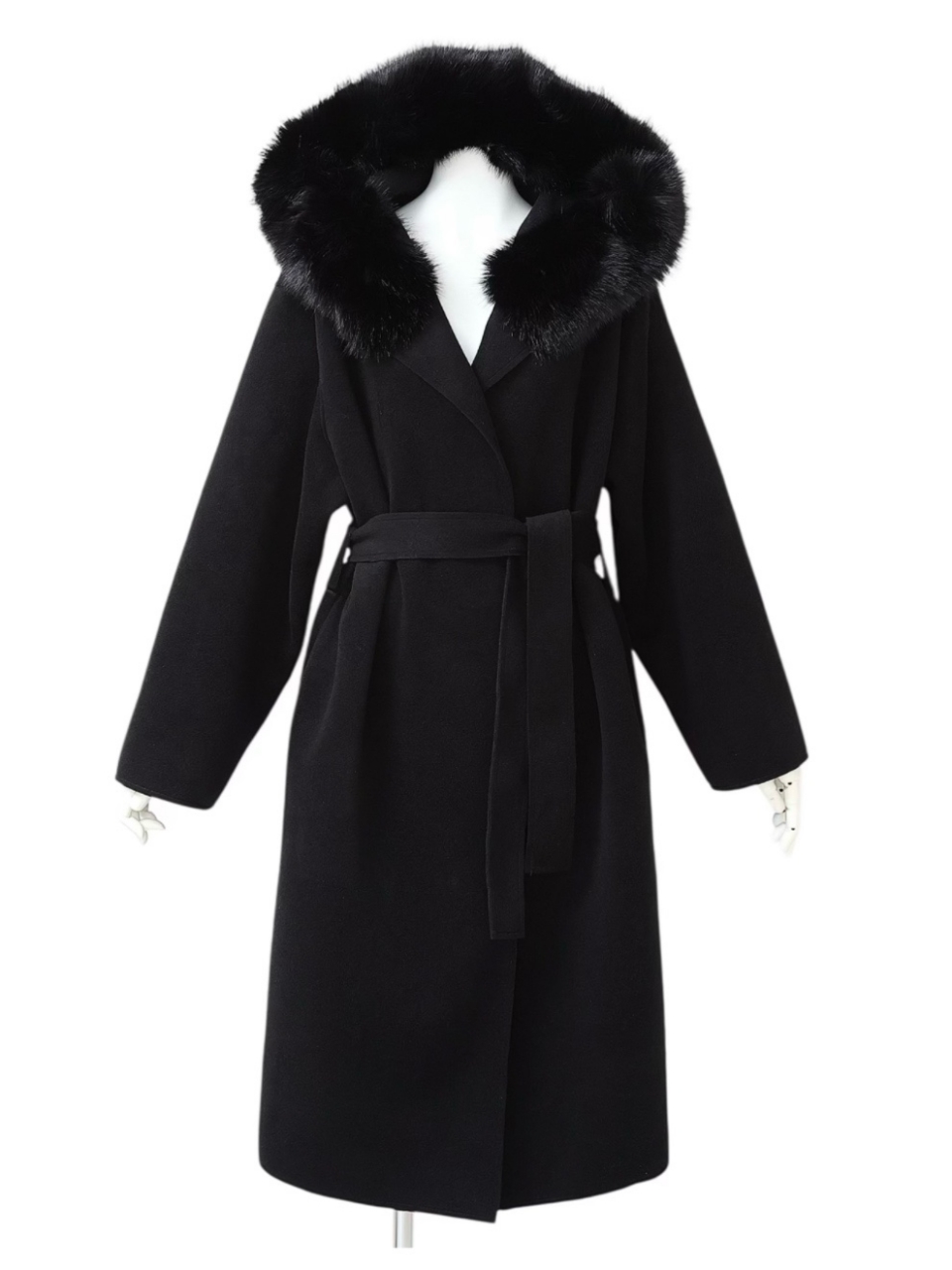 ☆再販予約31日23時迄☆襟ファーカシミア混ウール100%ロングコートBLACK スタイリングイメージ1