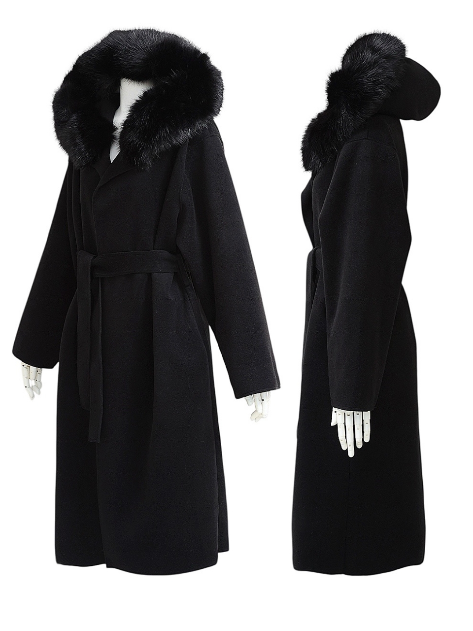 ☆再販予約31日23時迄☆襟ファーカシミア混ウール100%ロングコートBLACK スタイリングイメージ3