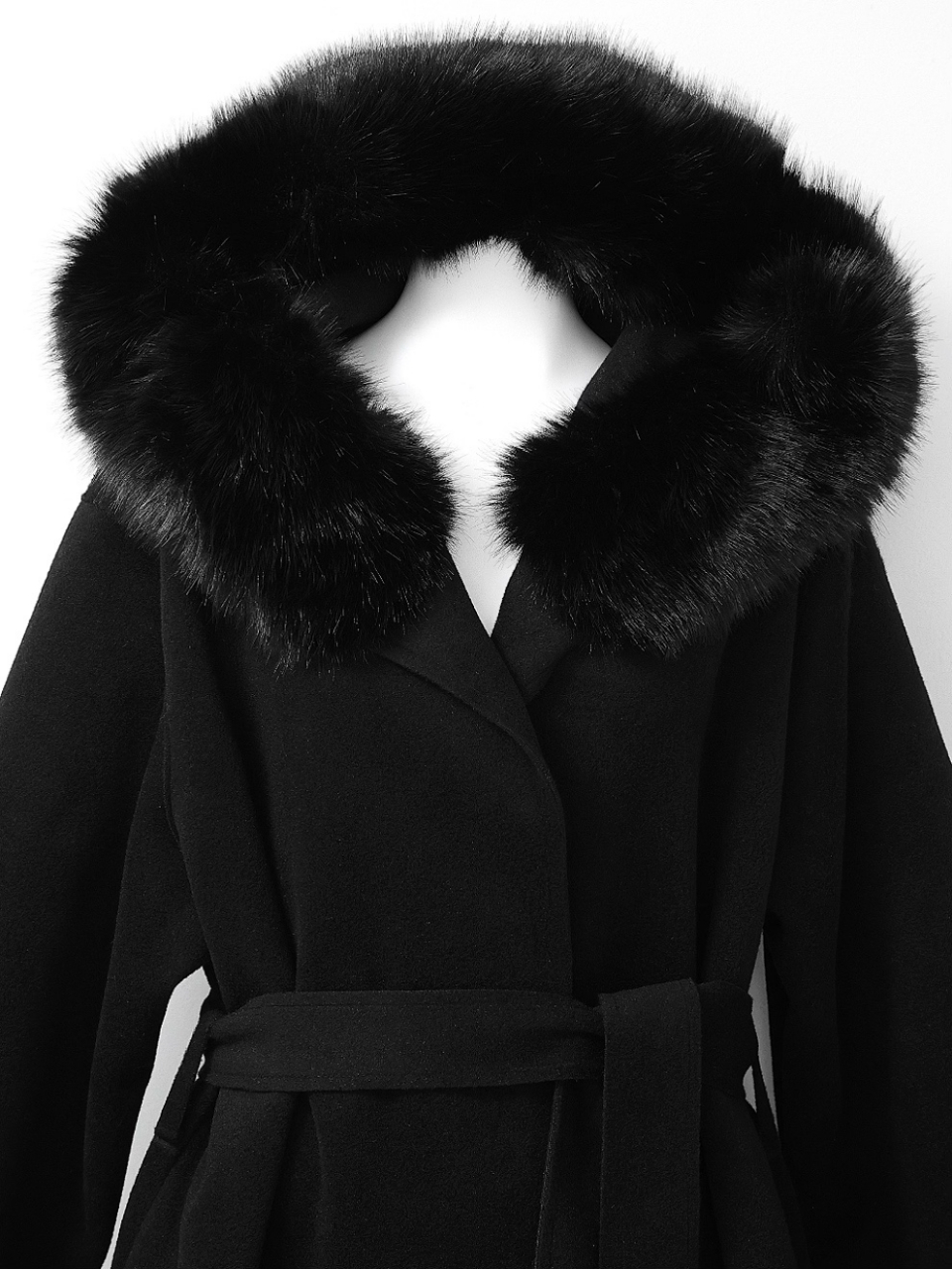 ☆再販予約31日23時迄☆襟ファーカシミア混ウール100%ロングコートBLACK スタイリングイメージ5