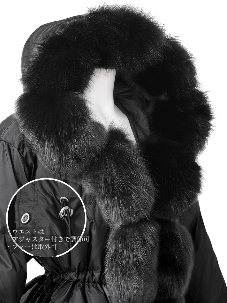 Real Fox For ボンボングースダウンロングコートBLACK スタイリングイメージ5